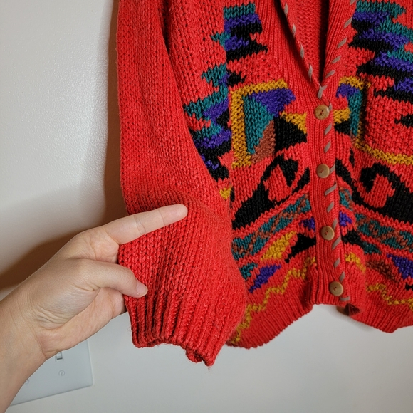 80s Carolina Colours Cardigan Sm Embroidered Knit Red Chunky Oversized Sweater - Picture 11 of 11